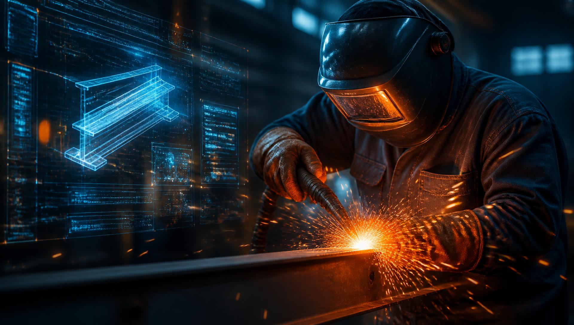 Welder at work with sparks flying beside a digital interface